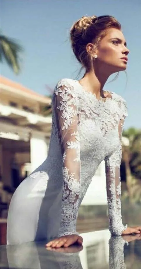 

2016 New Arrive Custom Made lace Chiffon Long Sleeve Wedding Dress Bridal Gown