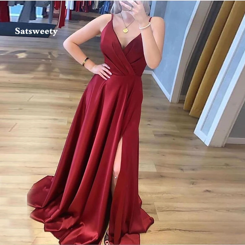 Simple-Elegant-A-line-Evening-Dresses-V-neck-Red-Satin-robe-de-soiree-Long-Prom-Dress
