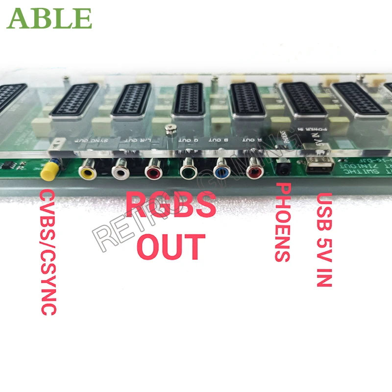 RGBS Video Mini Scart 7 In 1 Output AUTO Distributor Converter Acrylic Case  RCA SVHS AV TV Audio Divide EUR Automatic Switcher au 204 stereo audio mixer distributor signal selector switcher 2 input 4 output 3 5mm individually controls headphones amplifi