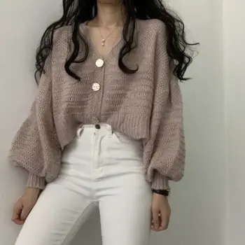 

FMFSSOM 2020 New Summer Women's Single Breasted Thin Knitting Sweater Female Puff Sleeve Short Sweater Lady Vneck Sexy Knit Tops