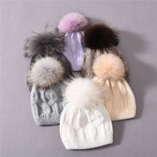 Chapéus de inverno para crianças, chapéus de malha para menina e menino com pele natural, pom pom, quentes, camada dupla, bonito, cor de doce ao ar livre