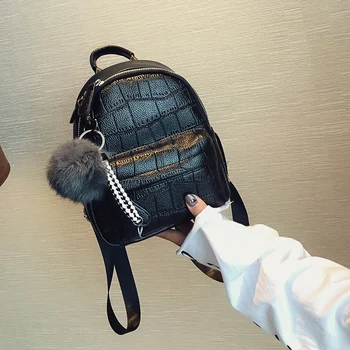 

SWDF 2020 New Mini Backpack Women Stone Pattern Leather Backpacks For Girls Small Back pack Ladies Casual Daypack With Hairball