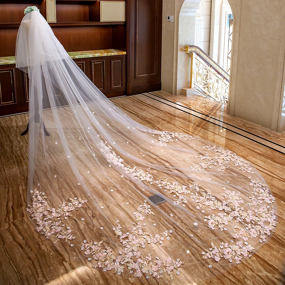 White Ivory Two Layer Lace Wedding Veil with Pink Flowers Cathedral Long Bridal Veils with Metal Comb Wedding Accessories Bride bridal veil