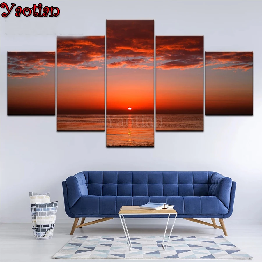 5 Piece 5D Diamond Painting Sea View Sunset Landscape Full Square drill Round Embroidery Icon 3d Art Multi-Panel | Дом и сад