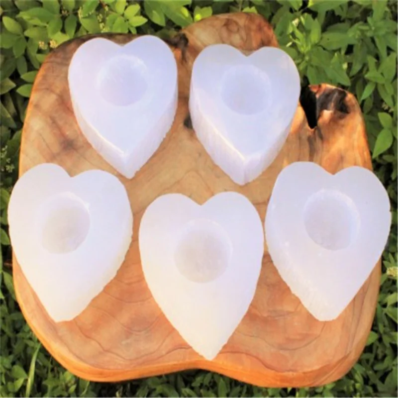 

Natural crystal folk crafts white selenite heart shaped candle holder for home decoration