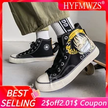 HYFMWZS/Новинка; зимняя бархатная парусиновая обувь с персонажами из мультфильмов; кроссовки с рисунком Луффи; мужские высокие черные туфли на плоской подошве