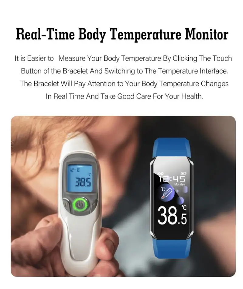 Smart Watch Bracelet Body Thermometer Temperature Wristband Monitor Heart IP67 Waterproof Touch Key Use With Wearfit 2.0 3