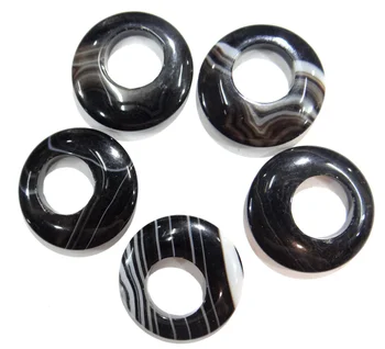

wholesale 30mm Inner hole 15mm natural stone black stripe agates gogo donut charms pendant for jewelry making necklace 15pcs/