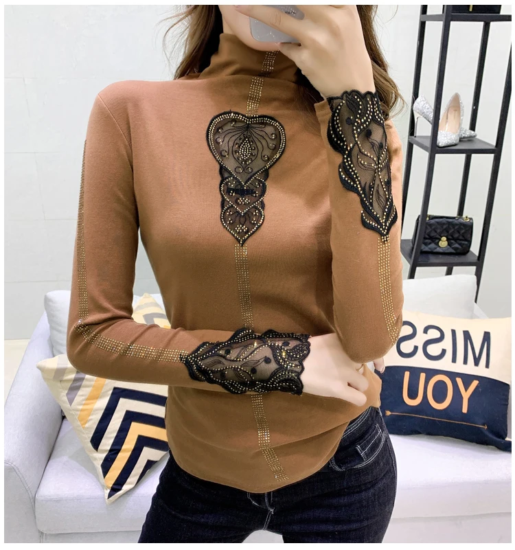 Poleras mujer de moda, осенняя и зимняя бархатная плотная футболка, новые кружевные топы с высоким воротником, горячая распродажа, тонкая футболка