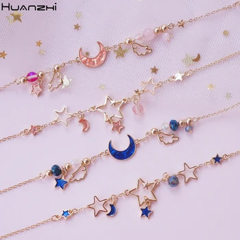 

HUANZHI 2020 New Japan Moon Star Hollow Enamel Sweet Fantasy Gold Metal Plated Bracelet for Women Girls Jewelry Accessories