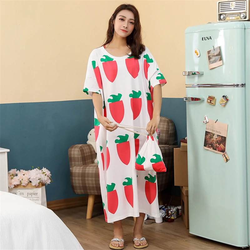 Night Gown Printing Fruits New Arrival Robe Summer Loose Women Sleepwear Kimono Robe XL Leisure Short Sleeve Thin Nightgowns