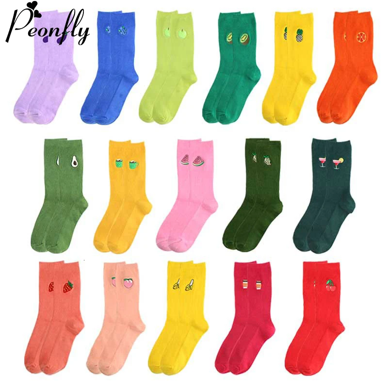 PEONFLY/женские хлопковые носки в стиле Харадзюку с авокадо, забавные однотонные розовые, красные, корейские, милые, кавайные носки в японском стиле, хипстерские зимние носки с надписью Happy Socks