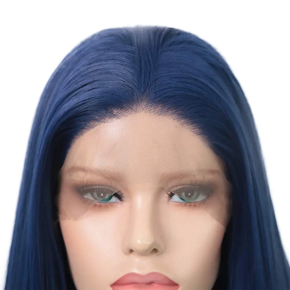 RONGDUOYI термостойкие волосы парики синтетические кружева спереди парик длинные шелковистые прямые парики темно-синие передние кружева Косплей парики для женщин
