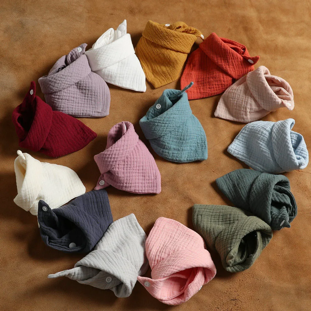 Baby Bibs Cotton Muslin Newborn Solid Color Snap Button Soft Triangle Towel Feeding Drool Bibs Saliva Towel Baby Bandana Bibs