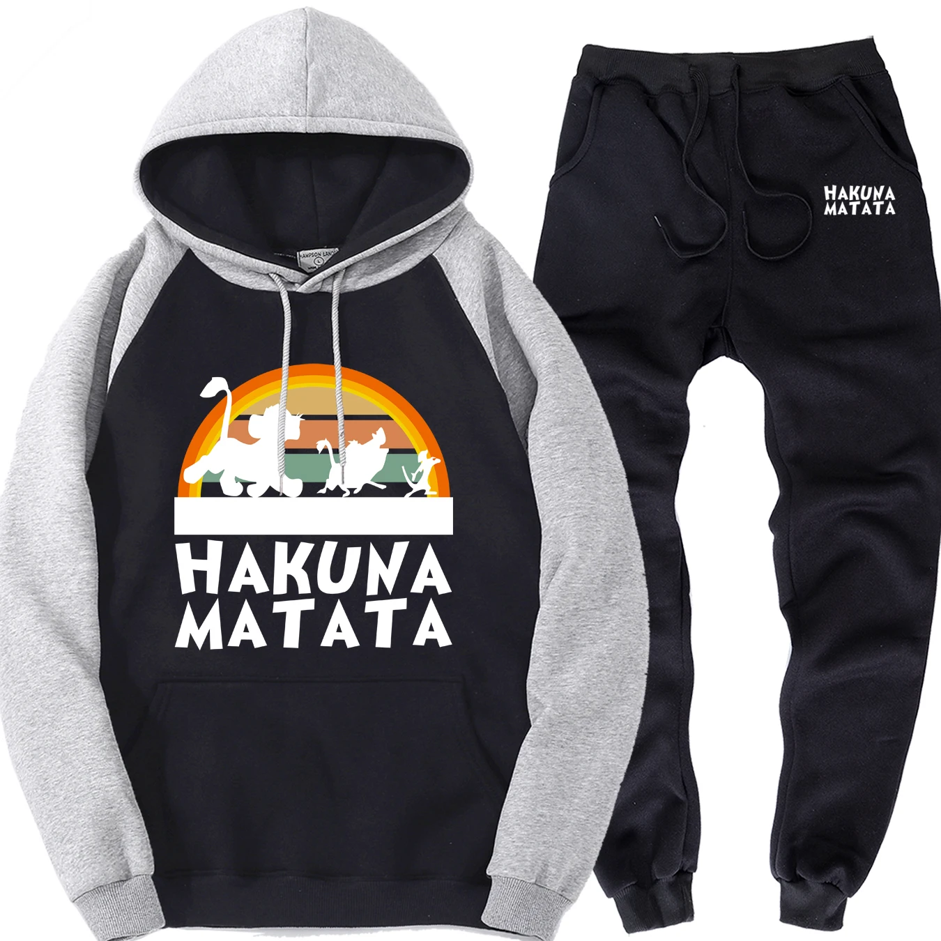 gray black 6 Комплект мужской одежды «Король Лев», HAKUNA MATATA, мужская спортивная одежда, весенне-осенний флисовый брендовый костюм из двух предметов, Мужское пальто, теплые брюки - Цвет: gray black 6