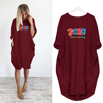 

2020 Dress Women Cute Printing New Year Pocket Loose Dress Vintage Fall Clothes Party Casual Plus Size 5XL Dresses Woman Dresses