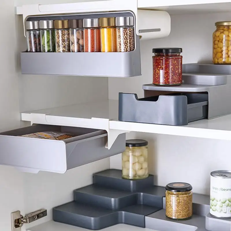 Home Kitchen Self-adhesive Wall-mounted Under-Shelf Spice Organizer Spice Bottle Storage Rack Kitchen Supplies Storage In Stock