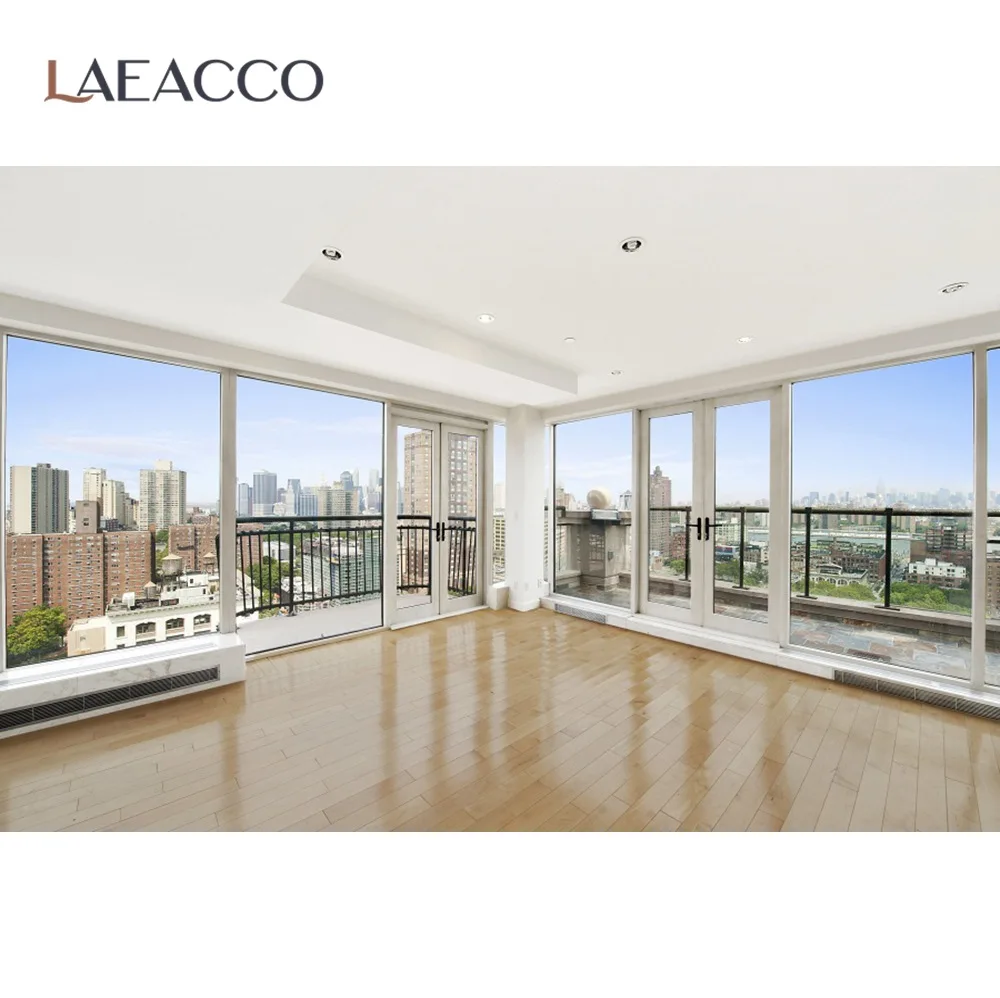 

Laeacco 3D Pattern White Living Room Wood Floor Viewroom City French Window Blue Sky Interior Photo Background Photo Backdrops