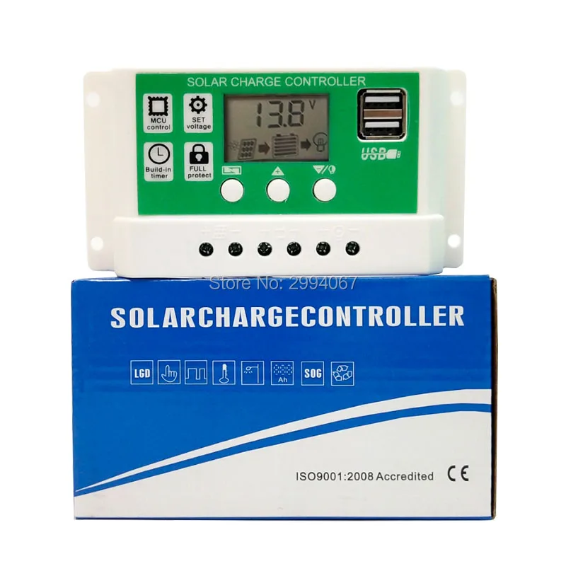 PWM контроллер заряда батареи 30A/20A/10A 12v24v солнечной PV регулятор для свинцово