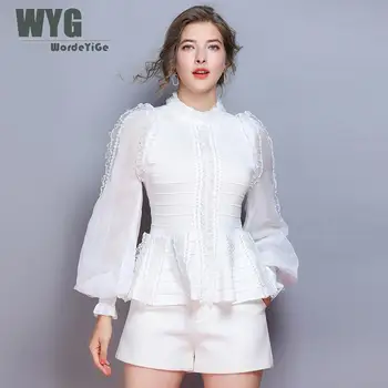 

Elegant Slim Knit Tops For Women 2019 Autumn More Than 200 Pieces Beading Lantern Sleeve Ruffles Knitting Blouses