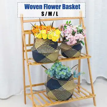 

S/M/L Seagrass Folding Handmade Storage Basket Decorative Rattan Plant Flower Pot Woven Wicker Belly Laundry Basket Home Decor