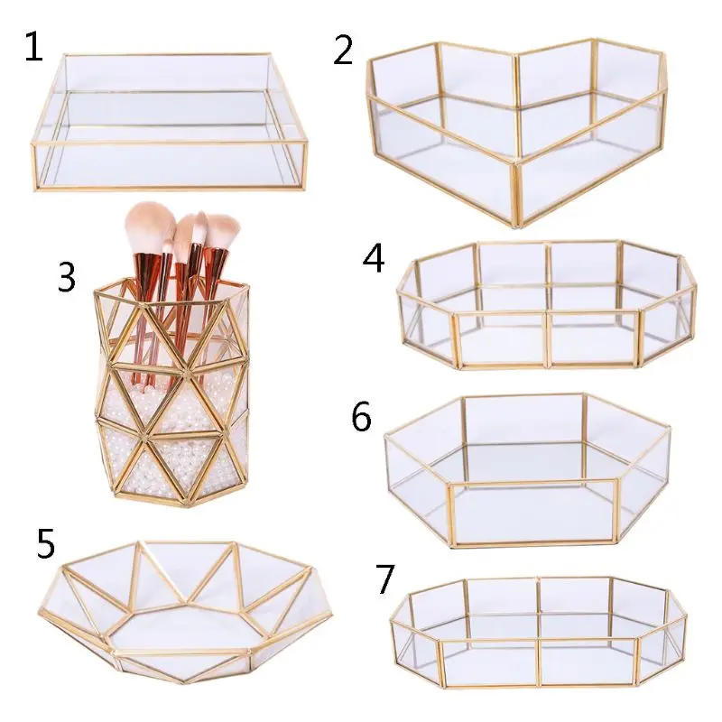Mirror Gold Octagonal Square Jewelry Tray Dish Plate Ring Earrings