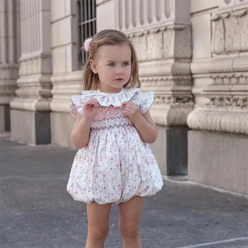 Baby Girls Smocked Rompers Toddler Girl Handmade Smocking Dress Sister Matching Smock Clothes 2024 Summer Kids Spanish Clothing