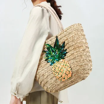 

sequins pineapple string straw bag classical summer beach bag Travel vacation woman bag Hand-woven bags large shopping tote