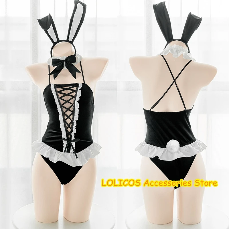 

Sexy Bunny Girl jumpsuits Hollow Velvet Ruffles Sling Perspective Lovely KC Headband Rabbit Tail Uniform Underwear Set Cosplay