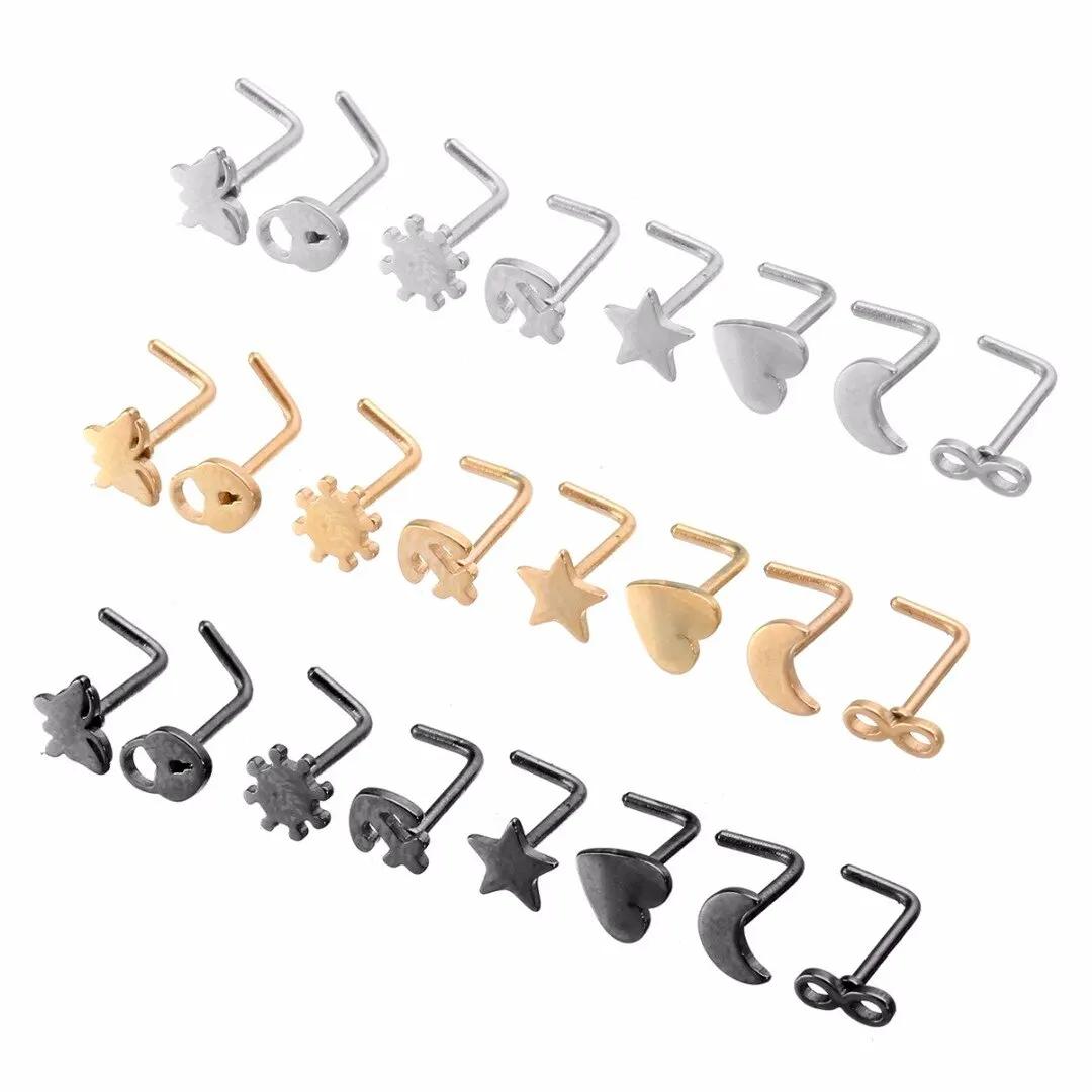 Stainless Steel Nose Rings & Studs Sexy Lady Body Piercing Set 8pcs L Shaped Heart Moon Star Nose Ring For Women Jewelry