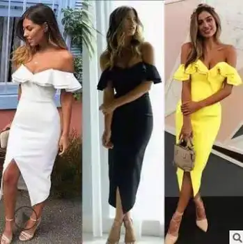 

wholesale New dresses Black and midi dress white geel jurk Slash neck Ruffles Fashion temperament cocktail Party bandage Dress