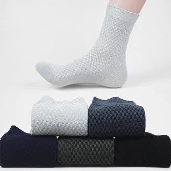 

1Pair Business Style Breathable Square Patterns Pure Color In Tube Socks Bamboo Fiber for Male Casual Thin Socks Fit 38-44 CM
