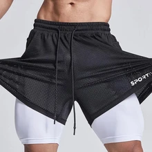 Summer Fashion Breathable Mesh Training Gym Fitness Men's Shorts 2 IN1 Double Gym Male Bodybuilding Sports Elasticity Shorts