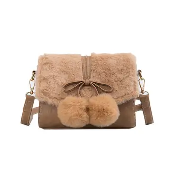 

Women Plush Shoulder Bags Bow Tie 2 Fluffy Balls Fashion Ladies Handbag Party L9BE