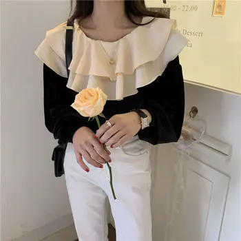 

Alien Kitty Chic 2020 Sweet Women Velvet Shirt Color-Hit Fashion All-Match Loose Feminine Gentle Office Lady Cute Blouses