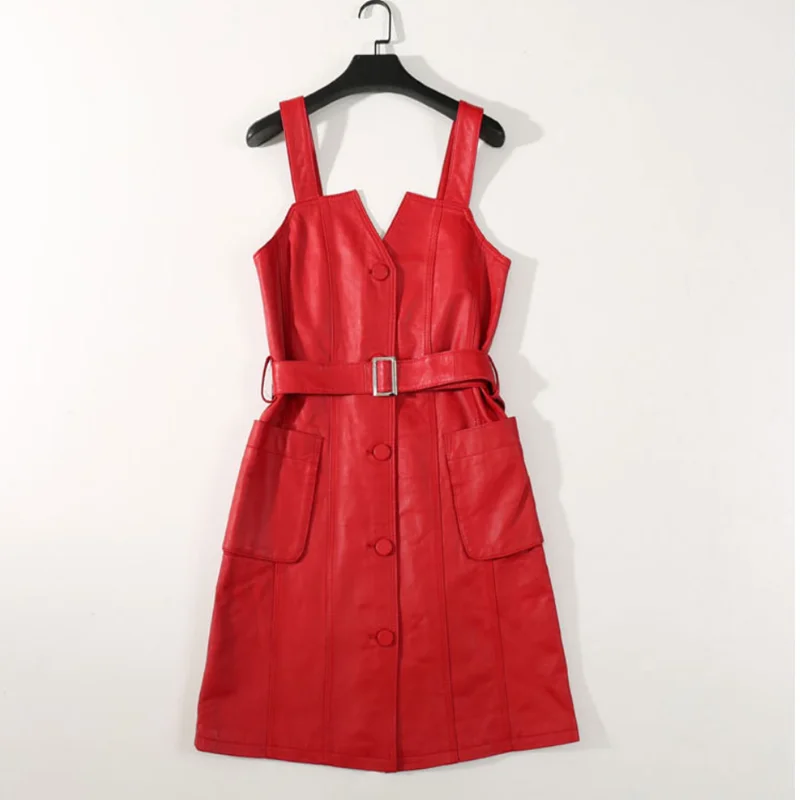 

Spring 2020 new leather dress for women high-waisted condole belt skirt single-breasted sheep leather suspenders skirt