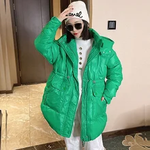 

Glossy Down Cotton Jacket Winter New Women Hooded Stand Collar Long Sleeve Mid-length Drawstring Waist Female Cotton Padded Coat