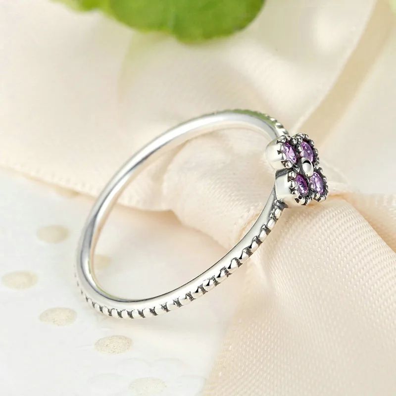 2 шт счастливый четырехлистный клевер дамское кольцо Мода Циркон посеребренный ювелирные изделия для женщин девочек подарок на день рождения - Цвет камня: Фиолетовый