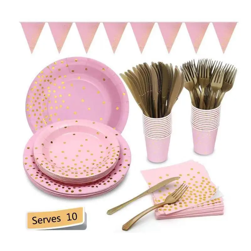24sets Disposable Party Tableware Pink Gold Dot Paper Plate Fork Cutlery Set DIY Home Wedding Festive Supplies Decoration | Дом и сад
