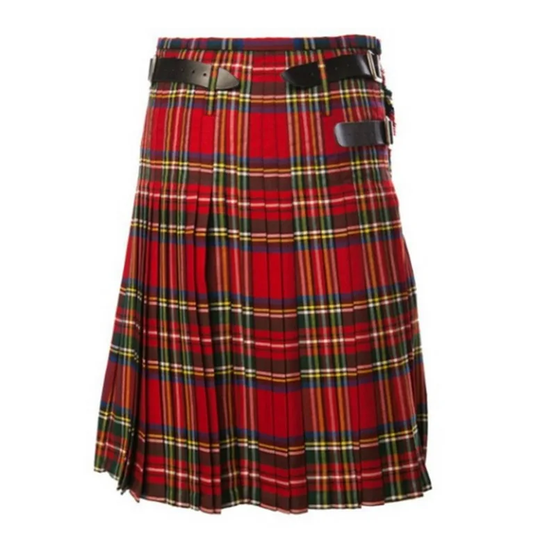 Шотландская Мужская Kilt традиционный ремень в клетку плиссированная Двусторонняя цепь коричневый готический панк шотландская клетка брюки юбки хит