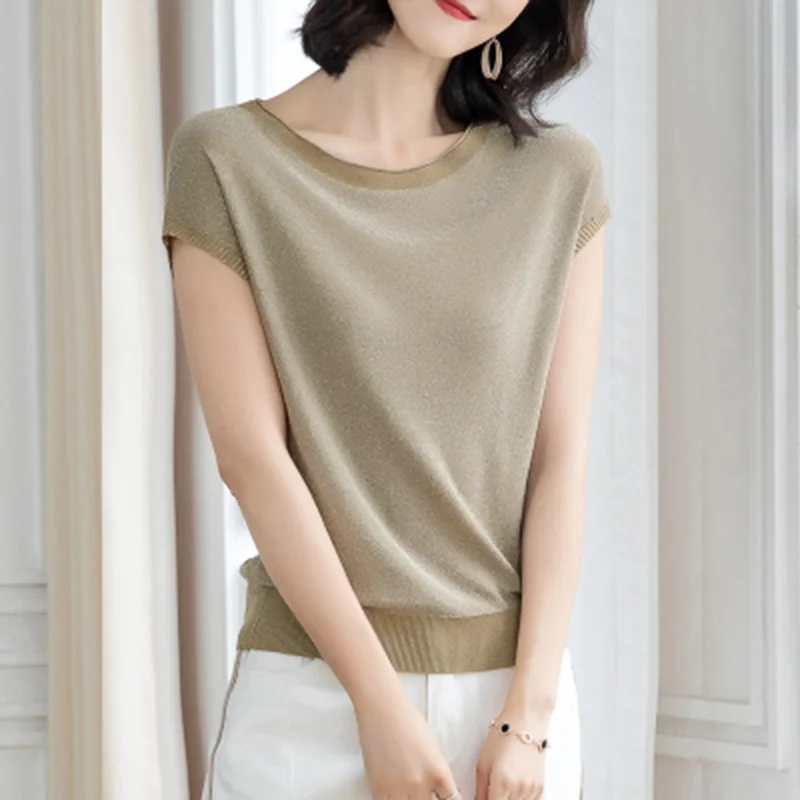 Solid Color Shiny Lurex Knitted Sweater Vest Women Casual V Neck Short Sleeve Pullover Tops 2021 Summer Elegant Waistcoat | Женская