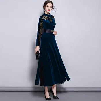 

Navy Blue Long Sleeve Mother of the Bride Dresses 2020 Lace Appliques Velvet Formal Party Gowns Noble Wedding Occasion Dress New