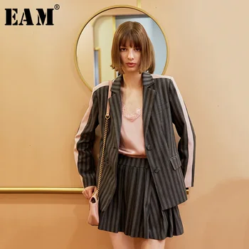 

[EAM] Half-body Skirt Gray Striped Two Pieces Suit New Lapel Long Sleeve Black Loose Women Fashion Spring Autumn 2020 1H097