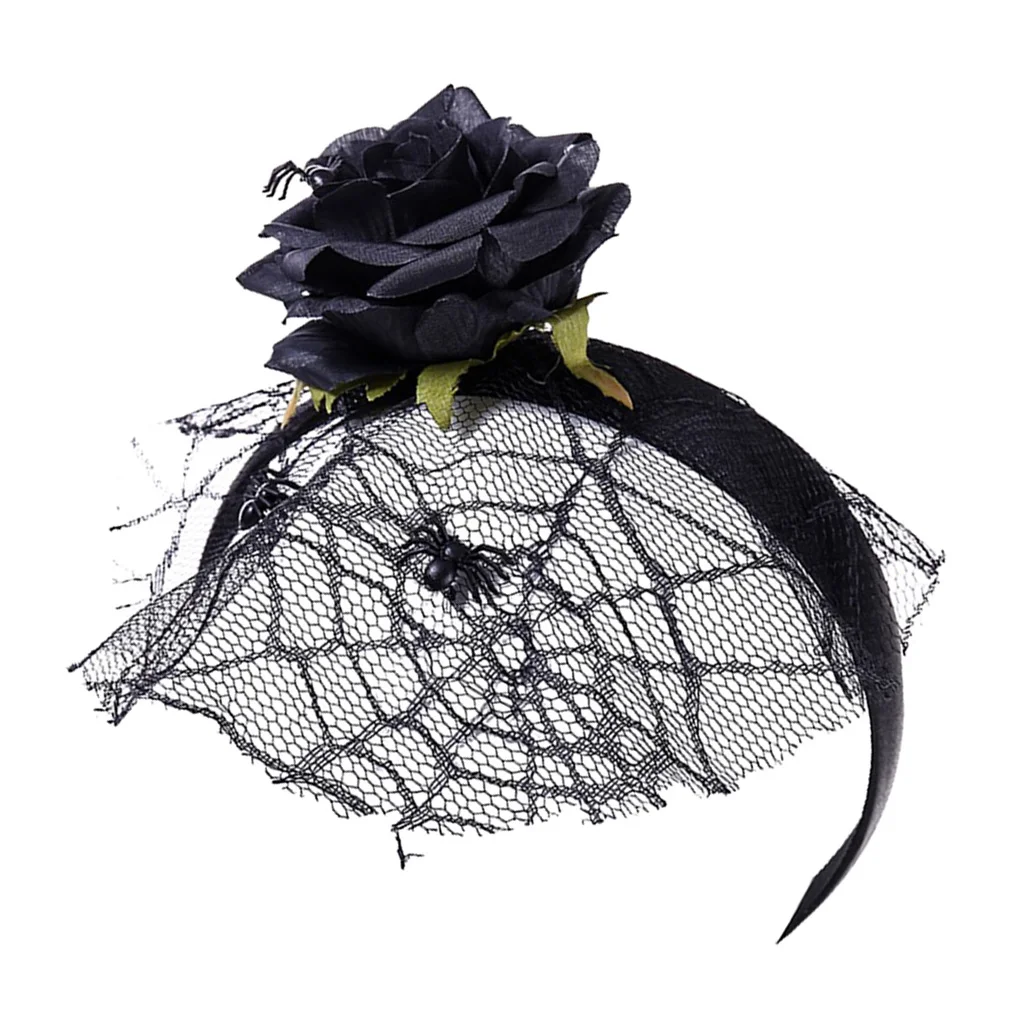 Halloween Black Flower Headband with Veil Headpiece Hair Band Hoop Mexican Fancy Dress Headpiece 
