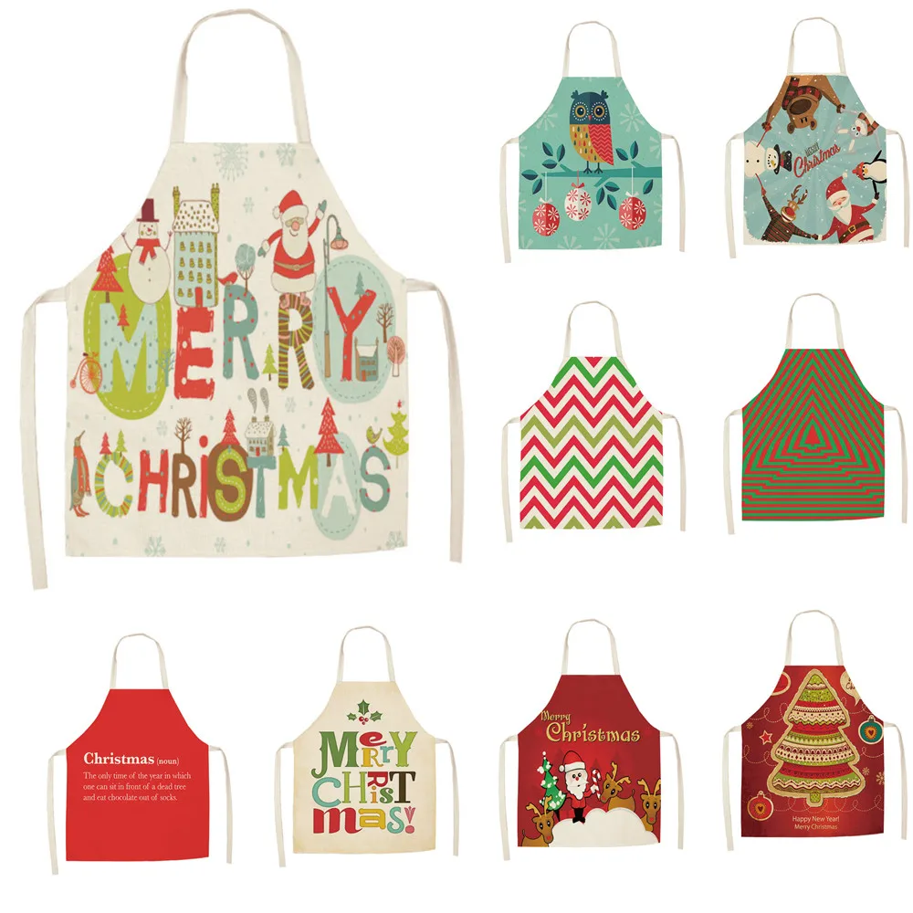 1pcs Christmas Apron Santa Claus Pinafore Cotton Linen Aprons Woman Adult Kids Xmas Gifts Bibs for Home Kitchen Cooking Baking