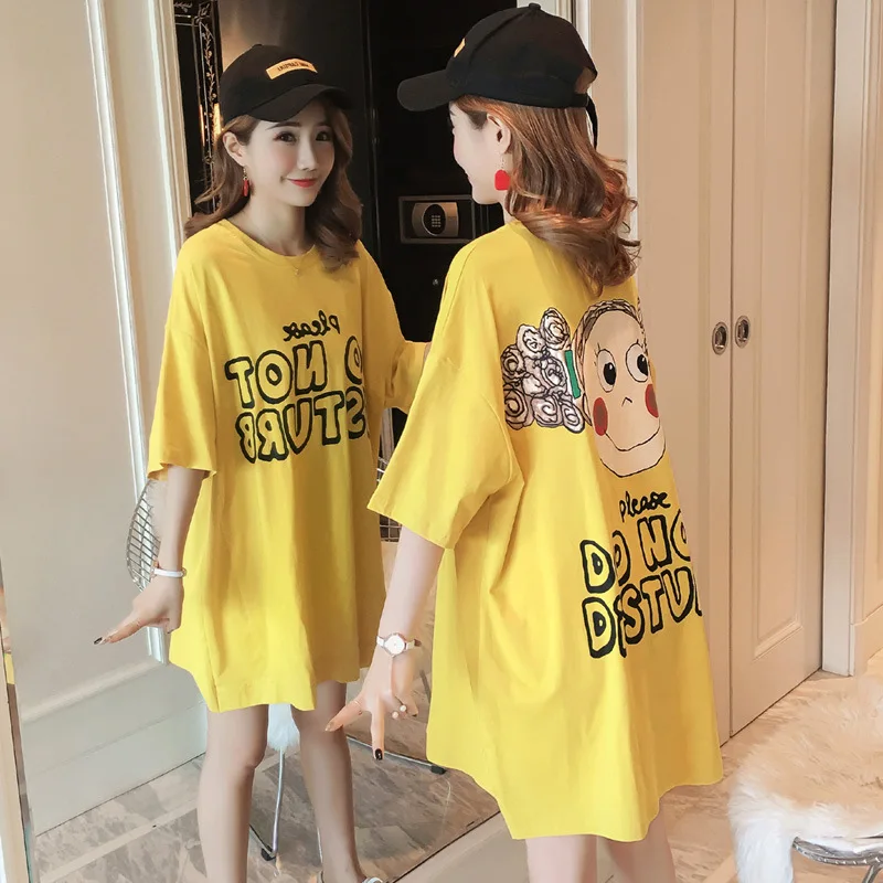 

Medium Length Big Size Women Short Sleeve Loose Summer 2019 New Korean Version Show Thin Fashion Dress Student Print Top Clothes