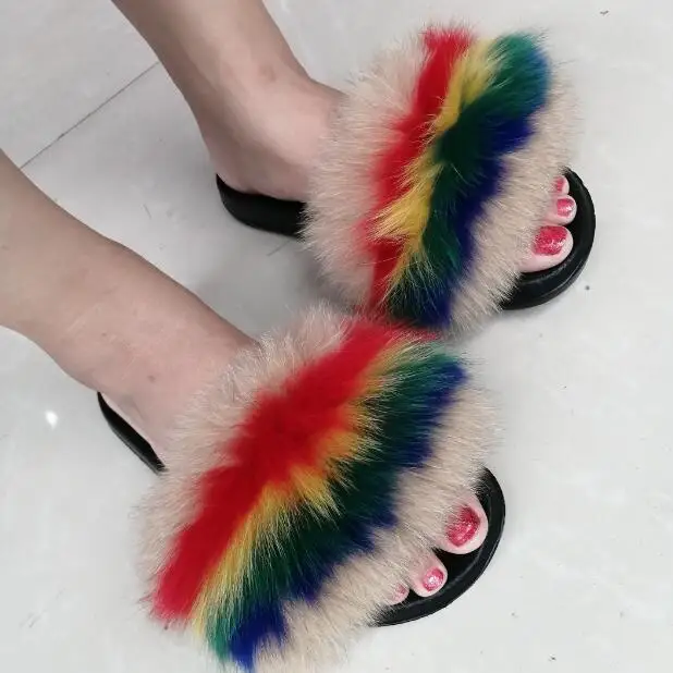 Women Fox Fur Slippers Real Fox Fur Slides Lovely Plush Slippers Woman Summer Home Sandals Women Fur Slides Furry Flip Flops Hot - Цвет: as pic shows 7