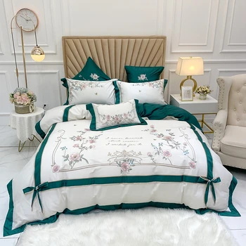 

White/Green Pastoral Flowers Embroidery 600TC Egyptian Cotton Bedding Set Bow Duvet Cover Bed Sheet Pillowcases Home Textiles