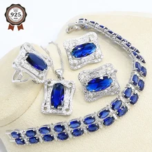 Геометрический синий полудрагоценный набор украшений из серебра 925-й пробы для женщин с браслетом обруч серьга, ожерелье, подвеска подарочные коробки для колец