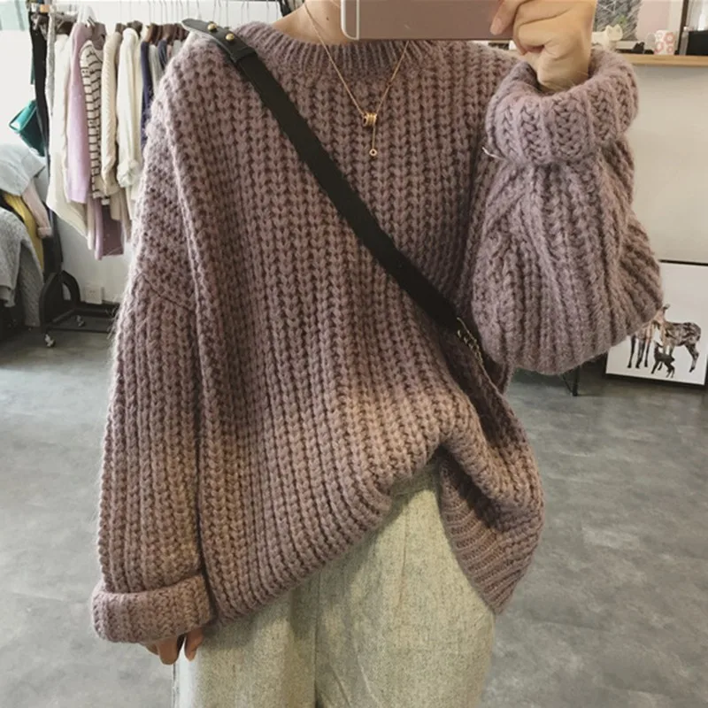 Осенне-зимний вязаный свитер для женщин, большой размер, свободный длинный рукав, длинный теплый свитер, джемпер - Цвет: Лаванда